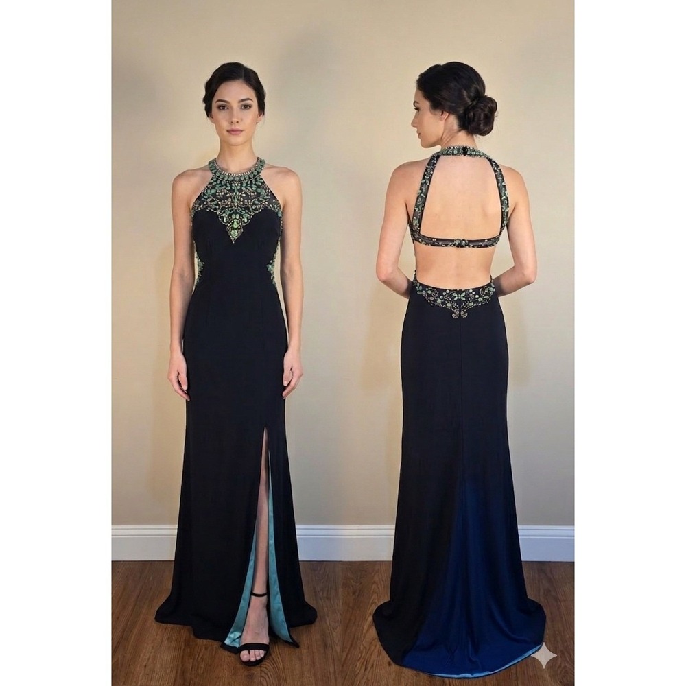 Betsy & Adam Gown Womens 2 Black Beaded Halter Neck Open Back Prom Dress